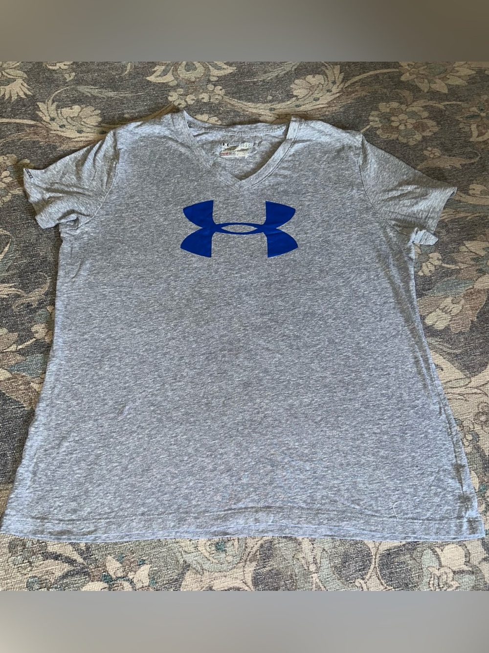 Women’s Under Armour Gray V-Neck Tee with Blue Logo - Large